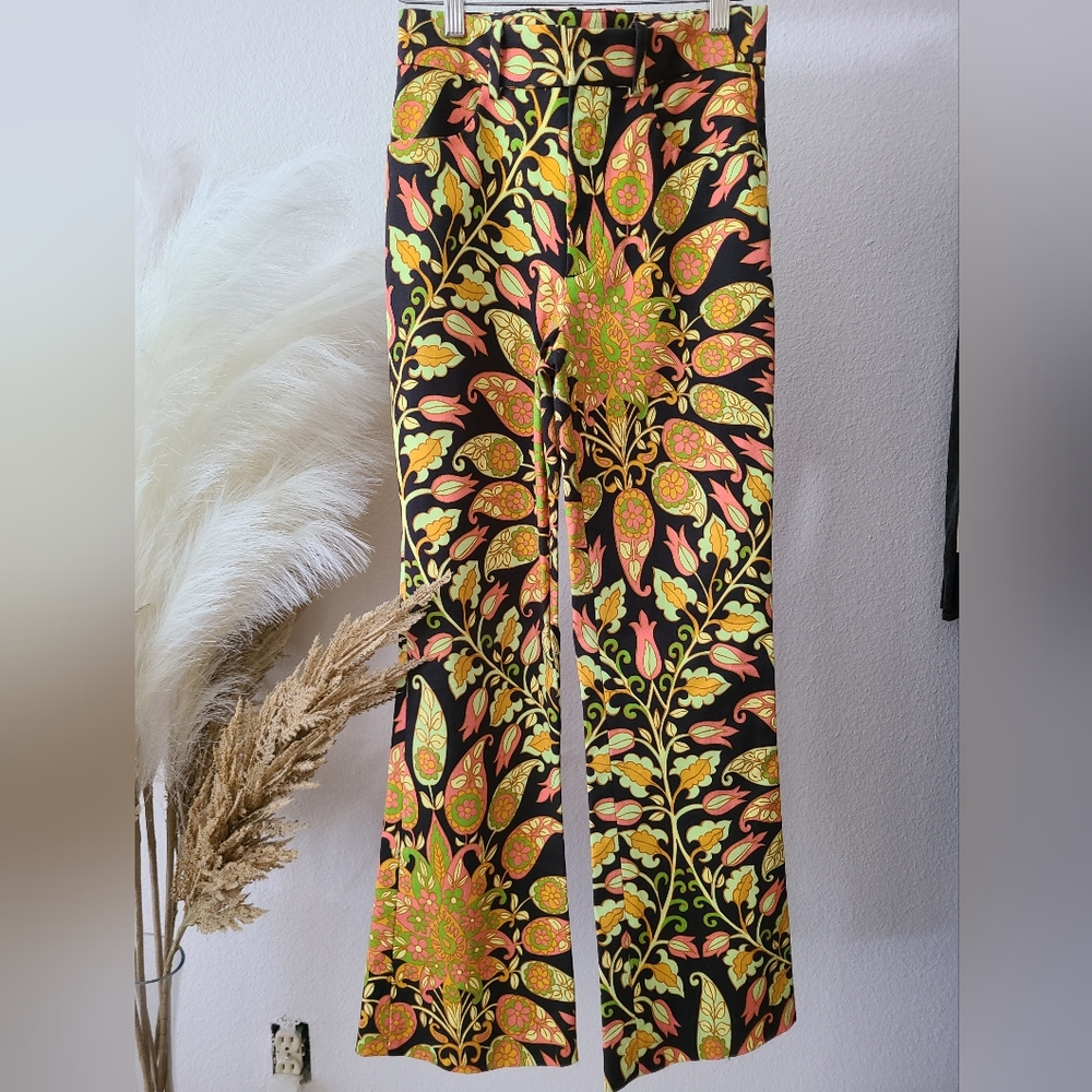 Zara Black and Yellow Flare Pants with Retro Print